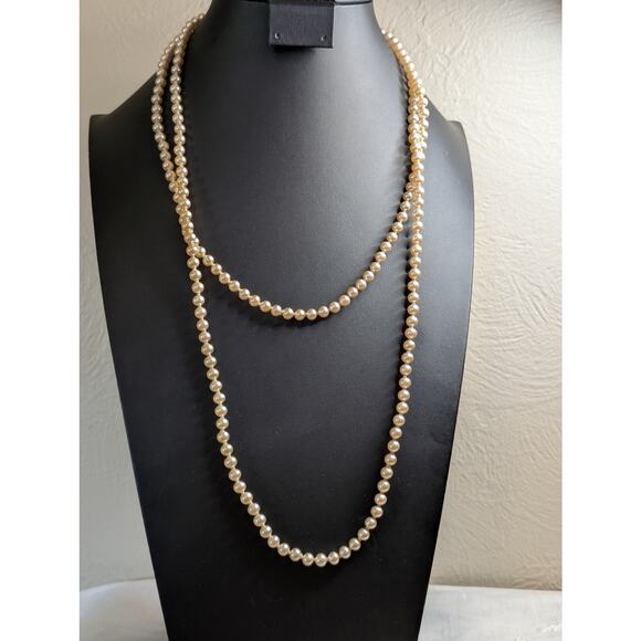 Vintage Faux Champagne Hand-Knotted 6mm Glass Pearl 32" Long Strand Necklace - Picture 6 of 6